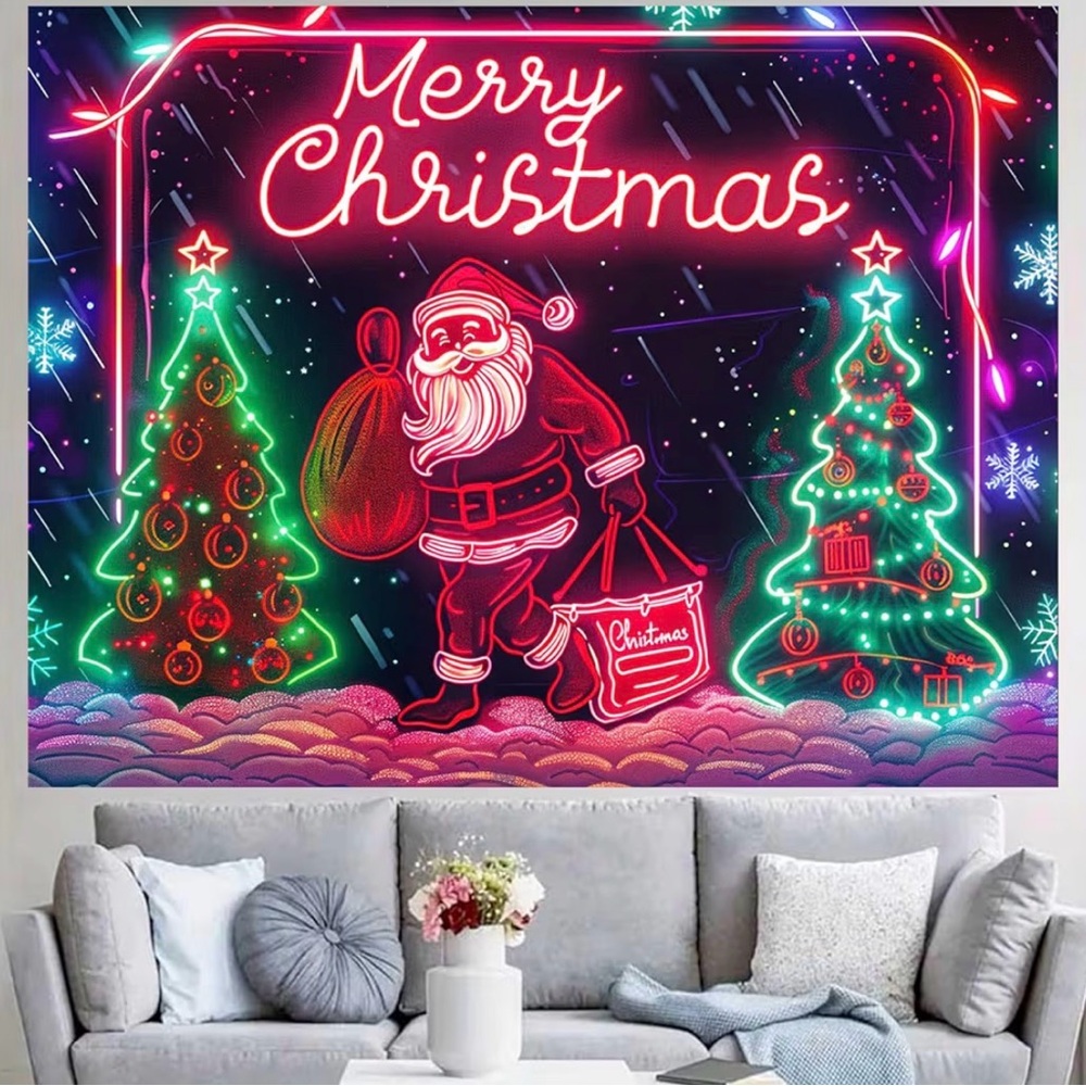 Christmas Neon Santa Wall Tapestry - Multicolor Holiday Decor